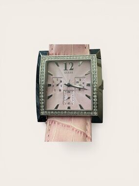 GUESS Pink Dial Crystal-Trim Square Watch